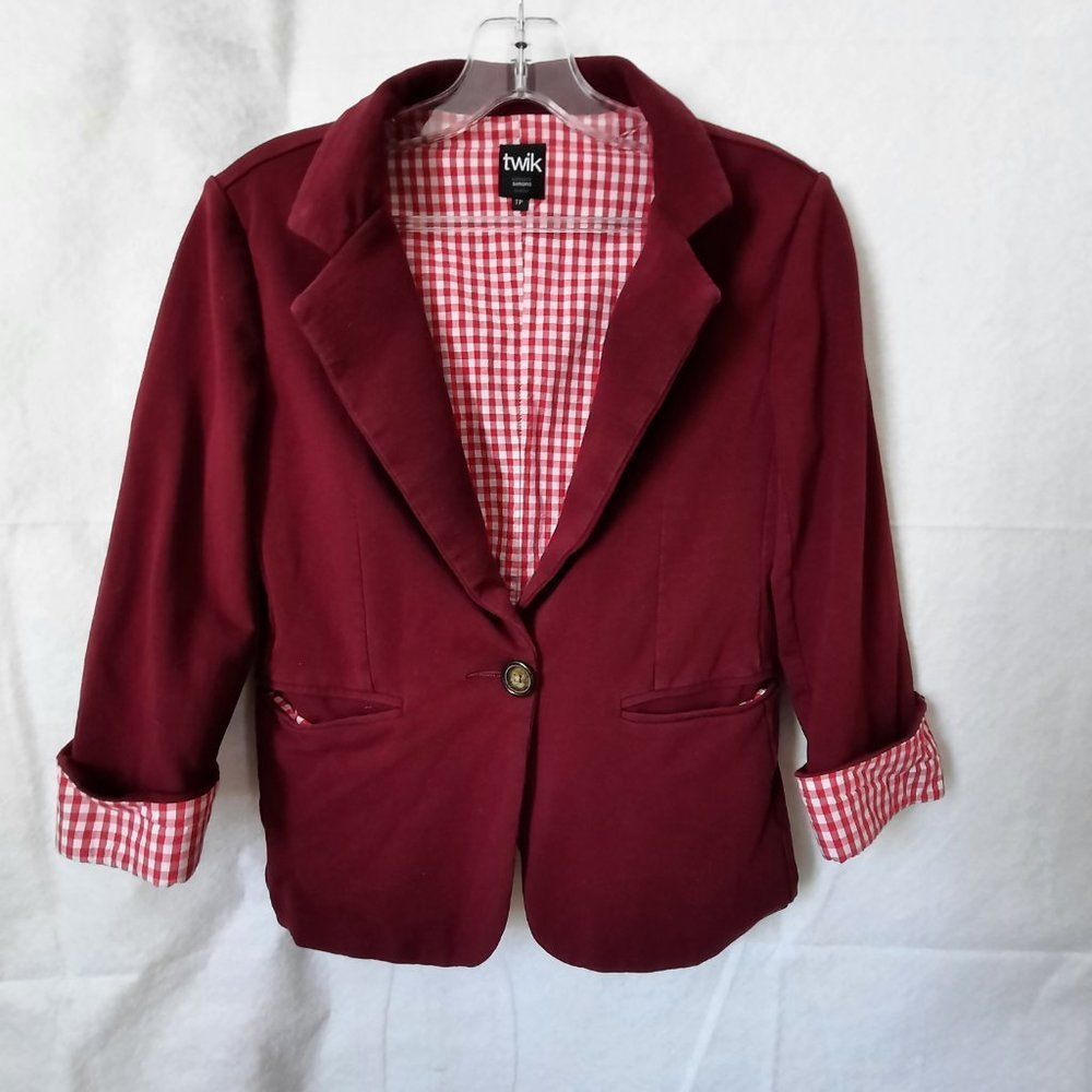 Simons Twik Deep Cherry Red Blazer Gingham Lining and Cuffs Size Extra Small